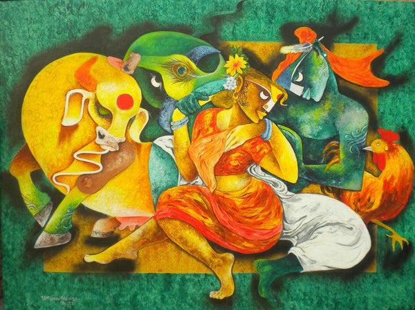 Figurative acrylic painting titled 'Love of indigenous', 36x48 inches, by artist Uttam Manna on Canvas