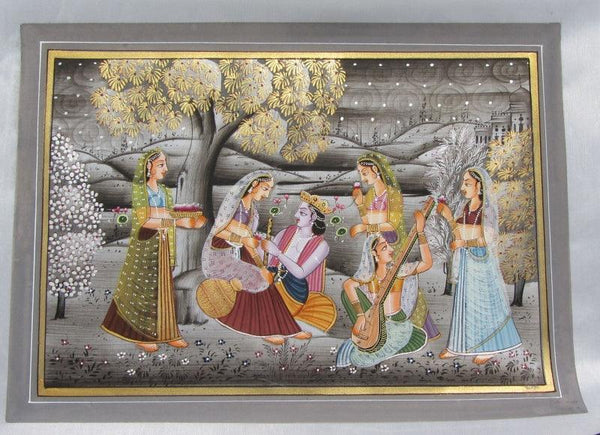Religious miniature traditional art titled 'Love Of Radha For Lord Krishna', 9x12 inches, by artist Unknown on Silk