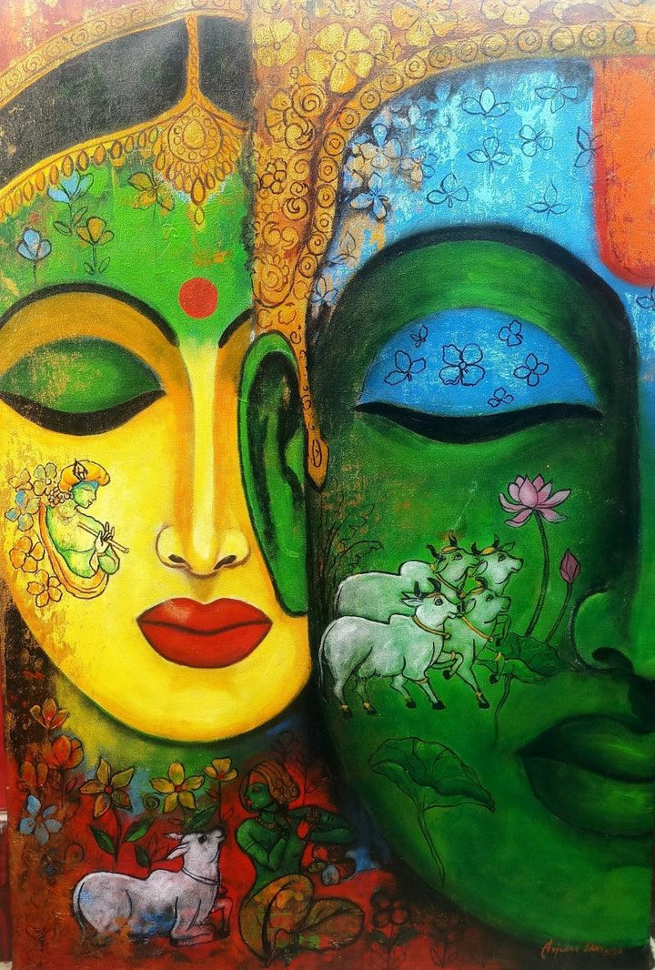 Religious acrylic painting titled 'Love Saga 3', 36x24 inches, by artist Arjun Das on Canvas