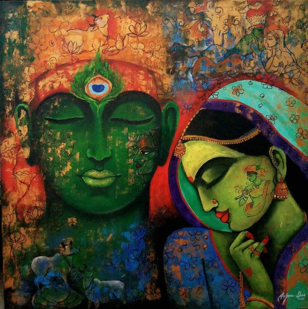 Religious acrylic painting titled 'Love Saga', 36x36 inches, by artist Arjun Das on Canvas