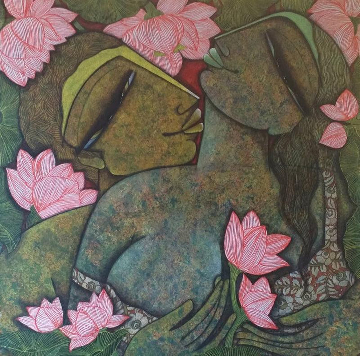 Figurative mixed media painting titled 'Love Series 1', 30x30 inches, by artist Nabanita Konar on Canvas