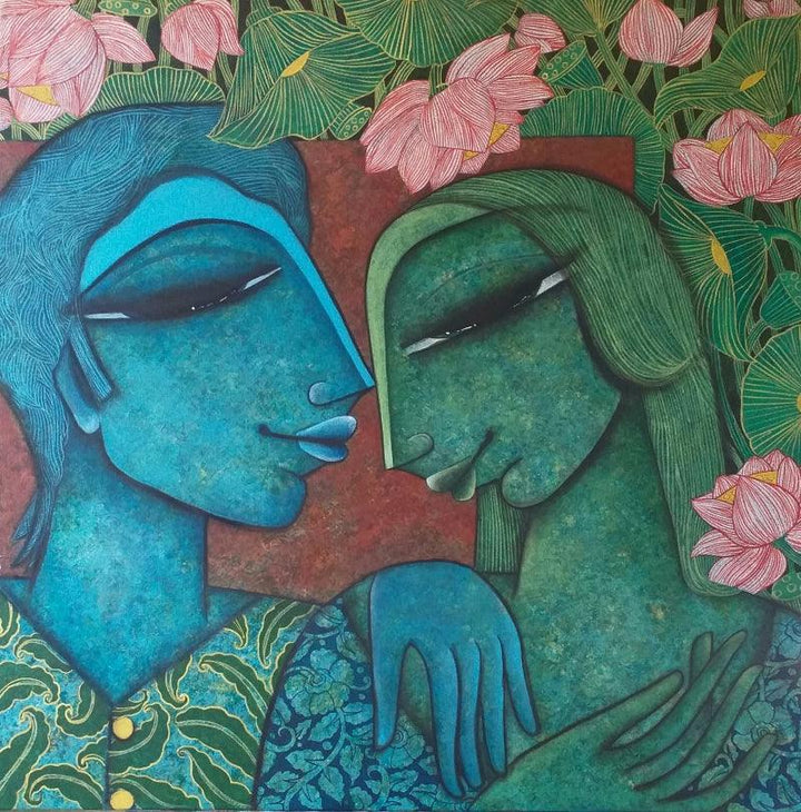 Figurative mixed media painting titled 'Love Series 2', 30x30 inches, by artist Nabanita Konar on Canvas