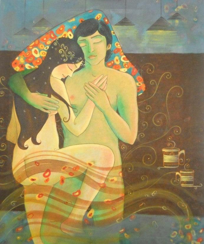 Figurative acrylic painting titled 'Love Story 1', 48x36 inches, by artist Pallavi Deodhar on Canvas