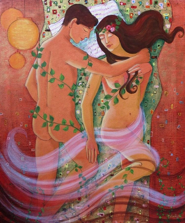 Figurative acrylic painting titled 'Love Story 2', 48x36 inches, by artist Pallavi Deodhar on Canvas