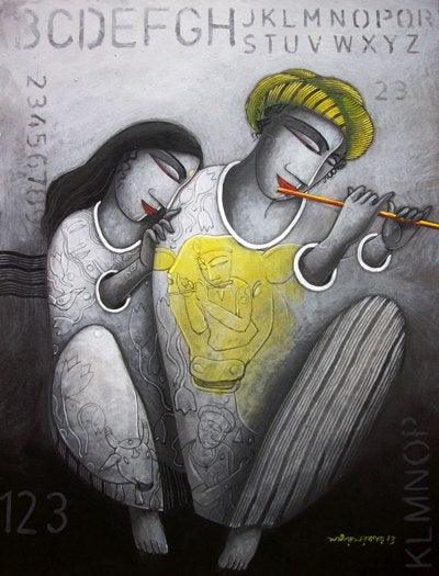 Figurative acrylic painting titled 'Love Tune', 13x17 inches, by artist Samir Sarkar on Paper