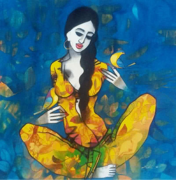 Figurative acrylic painting titled 'Love With Birds', 36x36 inches, by artist Mukesh Salvi on Canvas