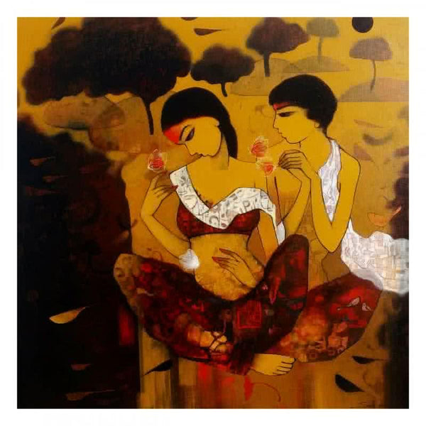 Figurative acrylic painting titled 'Love With Nature 2', 48x48 inches, by artist Mukesh Salvi on Canvas