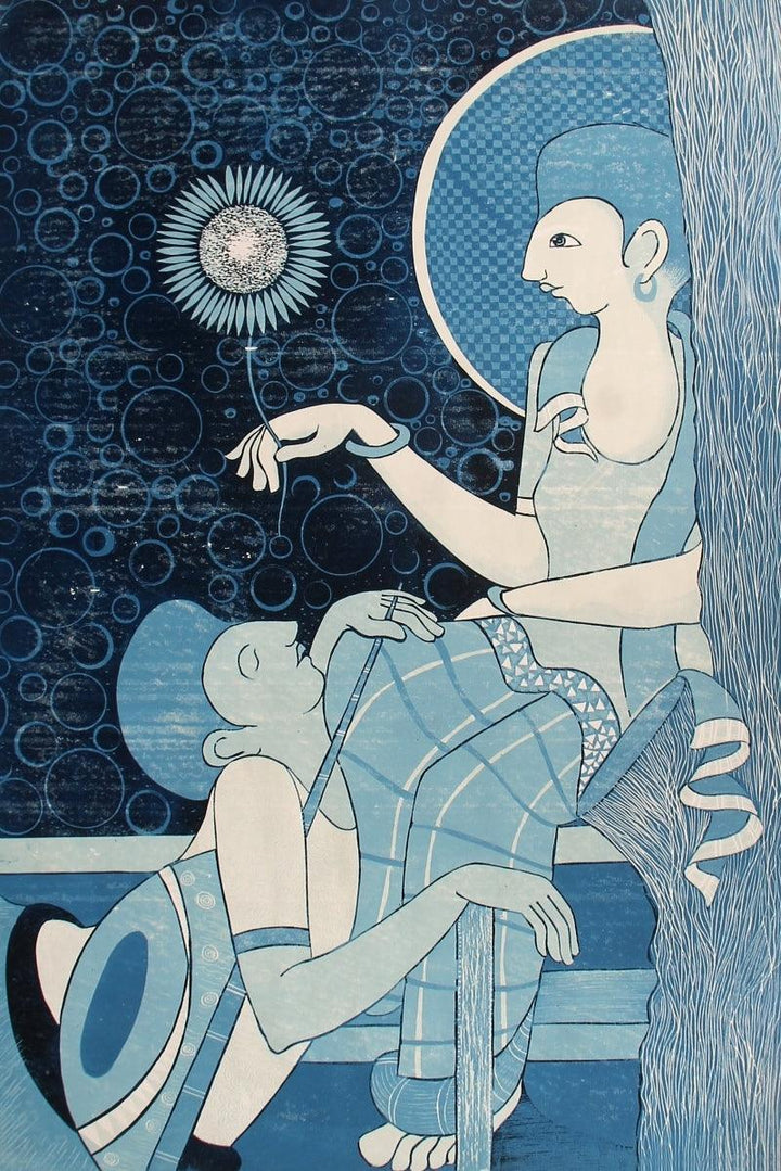 Figurative printmaking titled 'Lovely', 36x20 inches, by artist Madhav Joshi on Paper