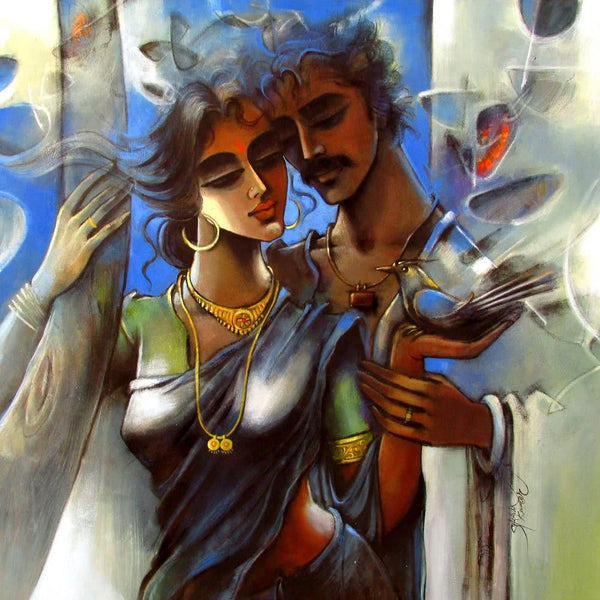 Figurative mixed media painting titled 'Lovely Couple 2', 36x36 inches, by artist Shravan Kumar on Canvas