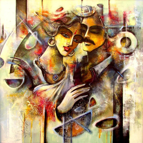 Figurative mixed media painting titled 'Lovely Couple 3', 24x24 inches, by artist Shravan Kumar on Canvas