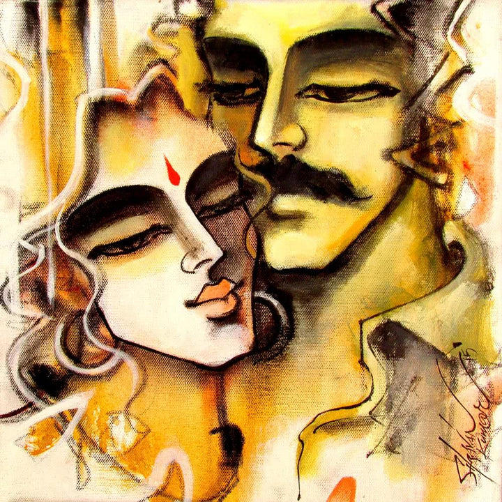 Figurative mixed media painting titled 'Lovely Couple 6', 12x12 inches, by artist Shravan Kumar on Canvas