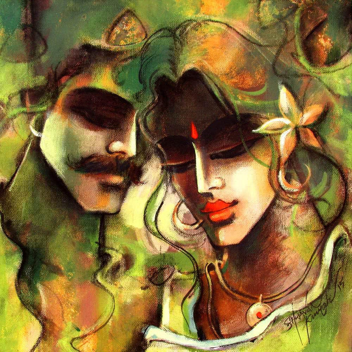 Figurative mixed media painting titled 'Lovely Couple 7', 12x12 inches, by artist Shravan Kumar on Canvas