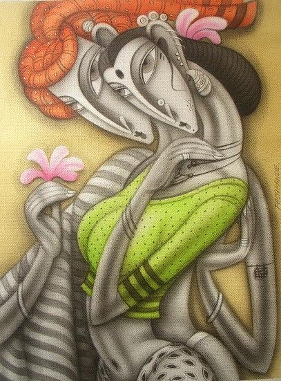 Figurative acrylic painting titled 'Lovely Couple', 24x18 inches, by artist Ramesh Pachpande on Canvas