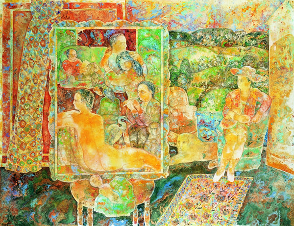 Figurative serigraphs painting titled 'Lovely Summer Day', 30x37 inch, by artist Sakti Burman on Paper