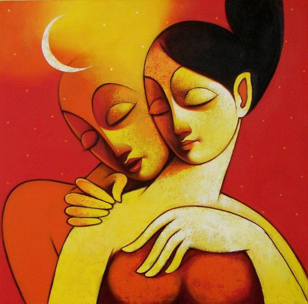 Figurative acrylic painting titled 'Lover', 36x36 inches, by artist Navnath Chobhe on Canvas