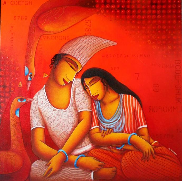 Figurative acrylic painting titled 'Lovers', 36x36 inches, by artist Samir Sarkar on Canvas