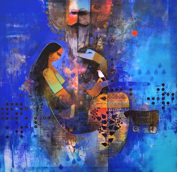 Figurative acrylic painting titled 'Loving Couple 2', 48x48 inch, by artist Amol Pawar on Canvas