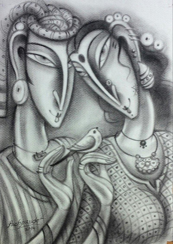 Figurative charcoal painting titled 'Loving Couple', 21x14 inches, by artist Ramesh Pachpande on Paper