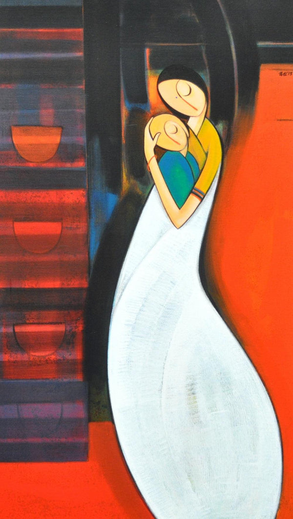 Figurative acrylic painting titled 'Loving Mother', 42x24 inches, by artist Dattatraya Thombare on Canvas