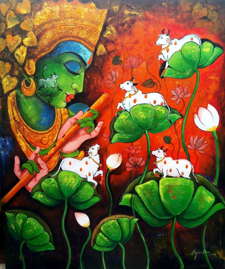 Religious acrylic painting titled 'Loving Tune', 42x36 inches, by artist Arjun Das on Canvas