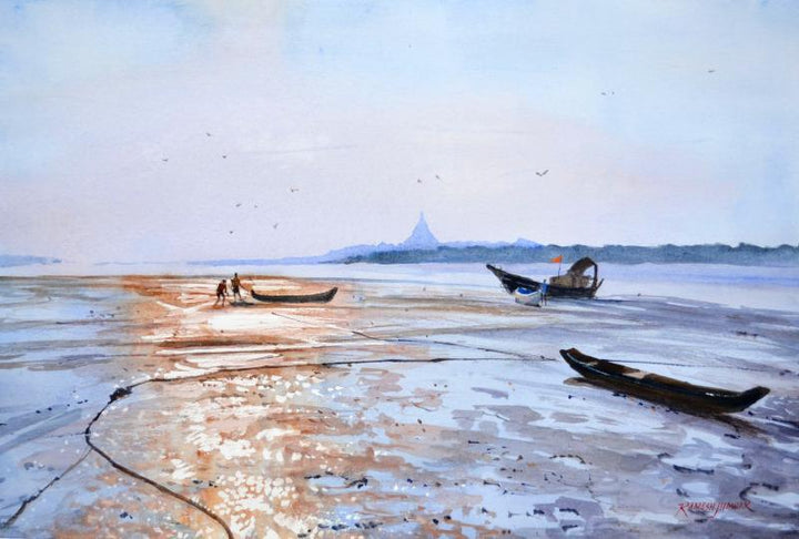 Seascape watercolor painting titled 'Low Tide Gorai Creek', 20x15 inches, by artist Ramesh Jhawar on Paper