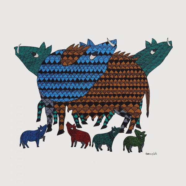 Folk Art gond traditional art titled 'Lucky Boars Gond Art', 10x14 inches, by artist Kishan Uikey on Paper