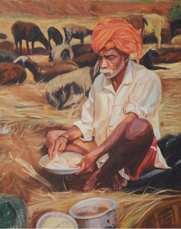 Figurative oil painting titled 'Lunch', 30x24 inches, by artist Swapnil Patil on Canvas