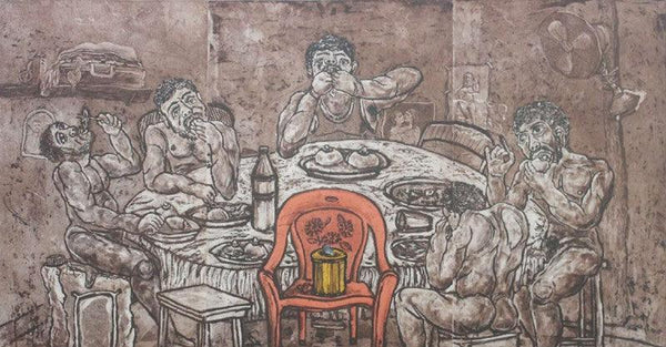 Figurative printmaking titled 'Lust Supper 1', 42x72 inches, by artist Charandas Jadhav on Paper