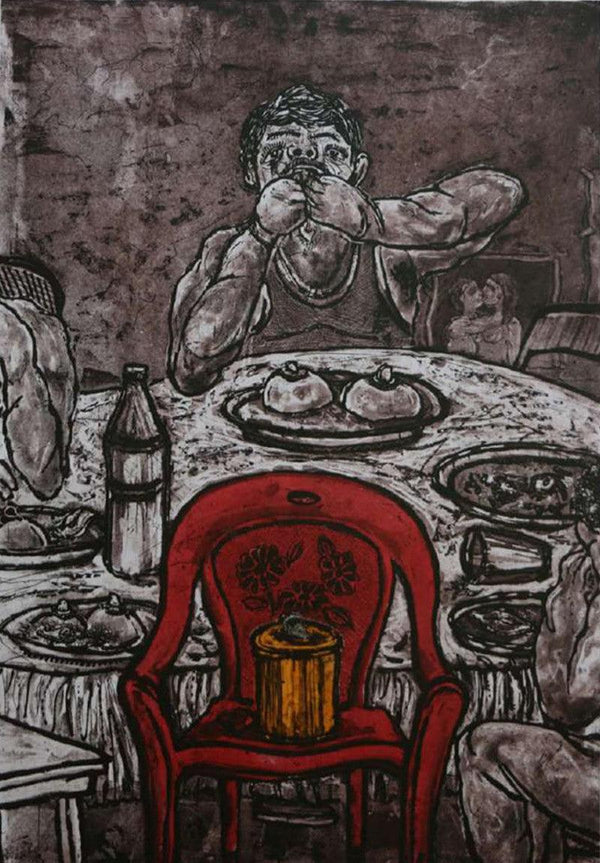 Figurative printmaking titled 'Lust Supper 2', 44x32 inches, by artist Charandas Jadhav on Paper