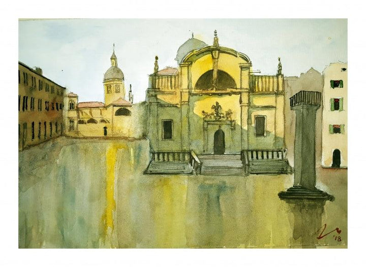 Cityscape watercolor painting titled 'Luza Square Dubrovnik', 7x11 inches, by artist Arunava Ray on Paper