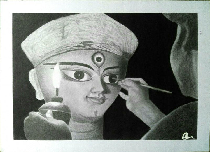 Religious graphite drawing titled 'Maa durga eye drawing moment', 12x17 inches, by artist Arindam Paul on Paper