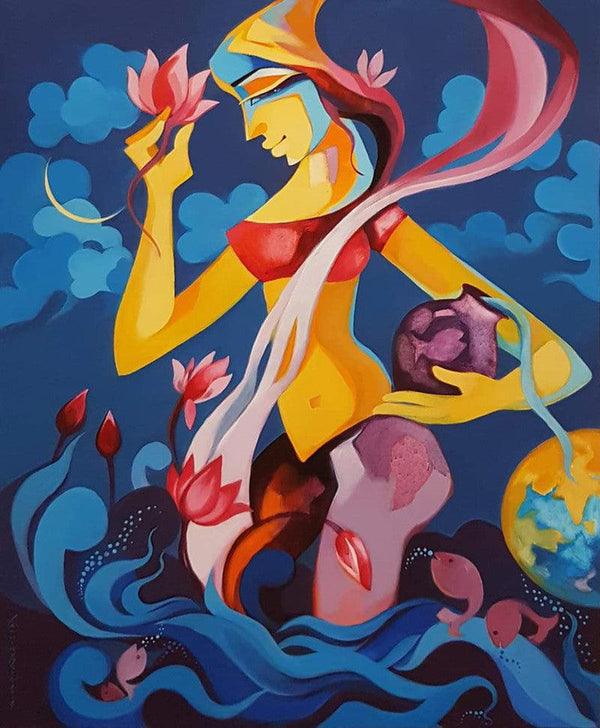 Figurative acrylic painting titled 'Maa Ganga', 33x27 inches, by artist Laxmi Mysore on Canvas