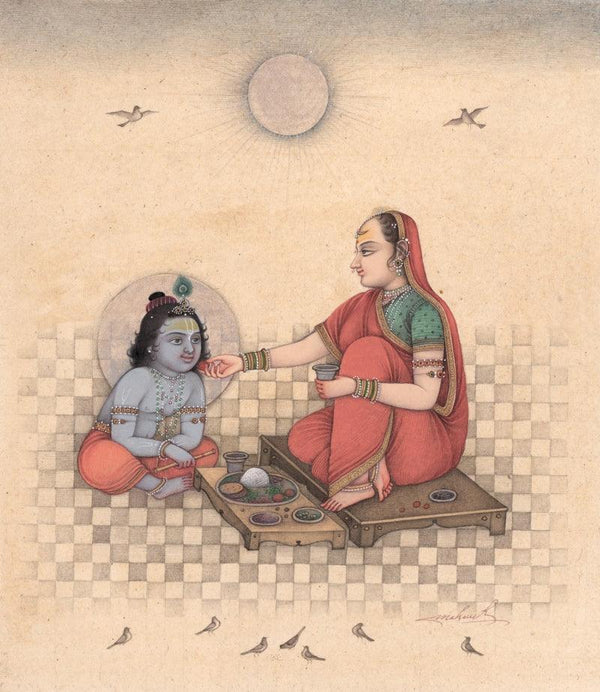 Religious mixed media painting titled 'Maa Yashoda And Krishna 1', 8x7 inches, by artist Mahaveer Swami on Handmade Paper