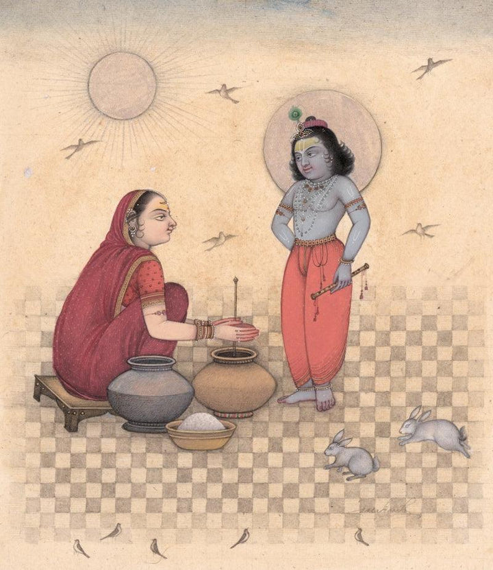 Religious mixed media painting titled 'Maa Yashoda And Krishna 2', 8x7 inches, by artist Mahaveer Swami on Handmade Paper