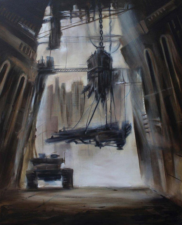 Cityscape acrylic painting titled 'Machine', 48x36 inches, by artist NIkHIl Patil on Canvas Board