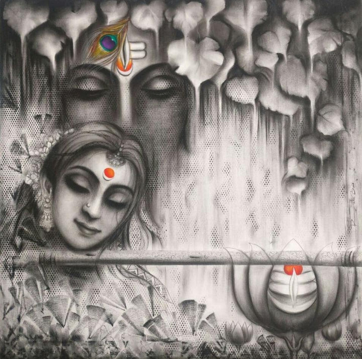 Religious charcoal painting titled 'Madanmohini', 30x30 inches, by artist Rakhi Baid on Canvas