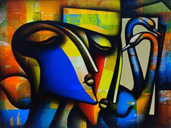 Figurative acrylic charcoal painting titled 'Made For Each Other', 36x48 inches, by artist Jagannath Paul on Canvas