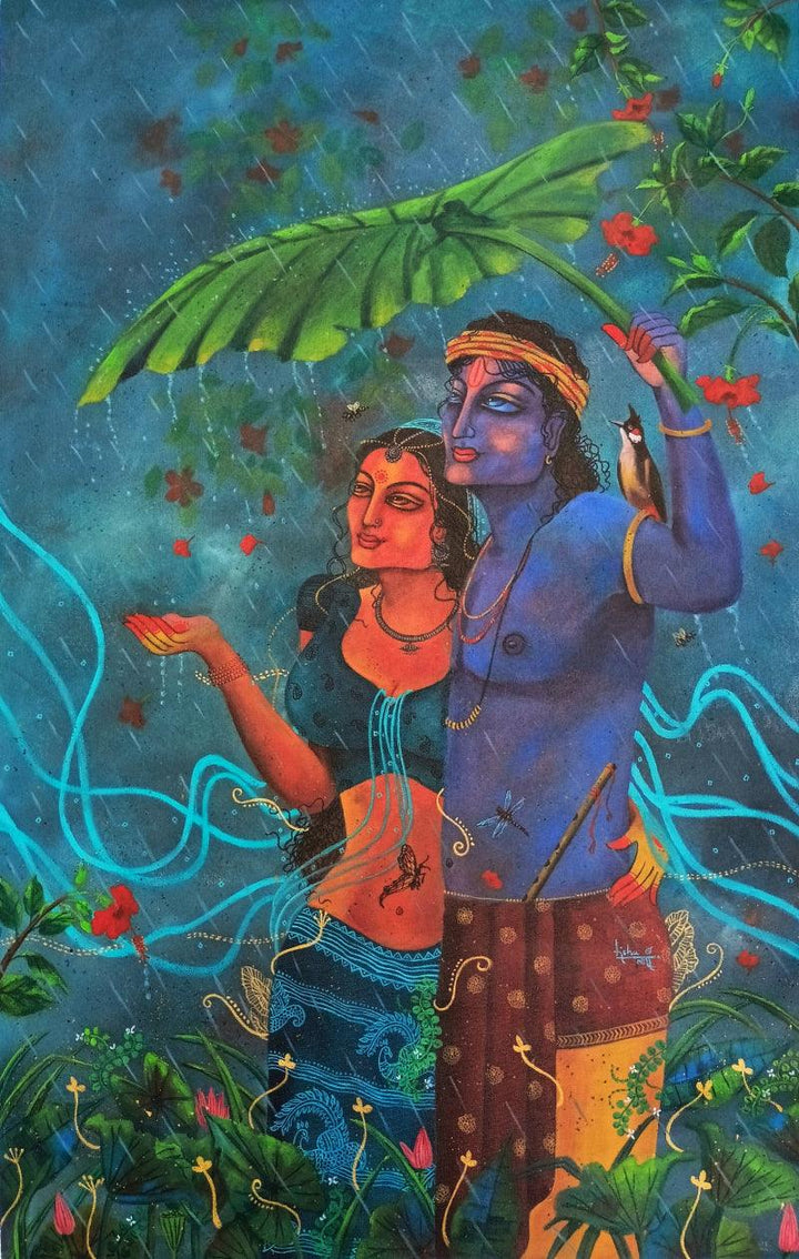 Religious acrylic painting titled 'Madhuban', 40x25 inches, by artist Lisha N T on Canvas