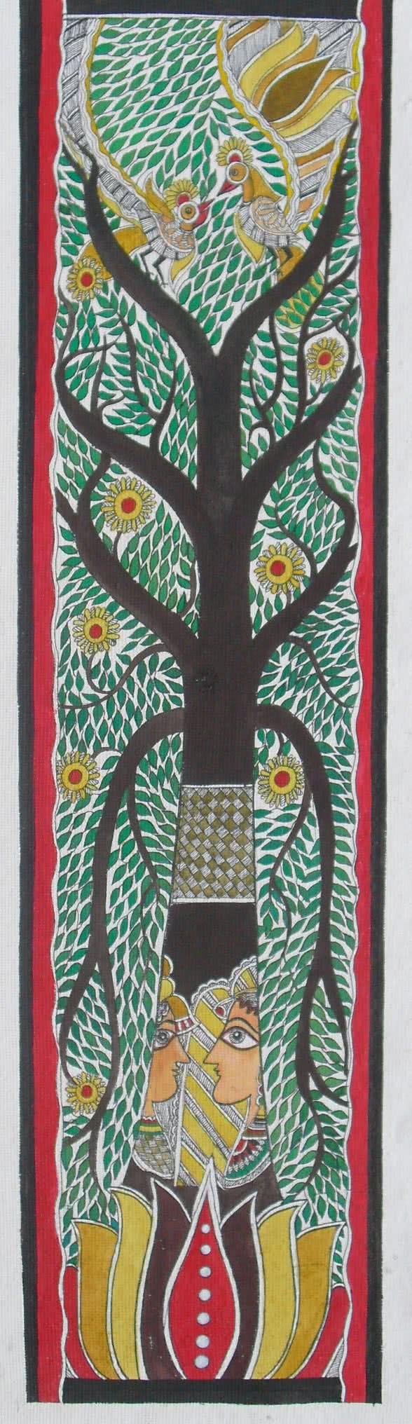 Figurative watercolor painting titled 'Madhubani Tree Of Life', 27x8 inches, by artist Parboni Royghosh on Handmade Paper