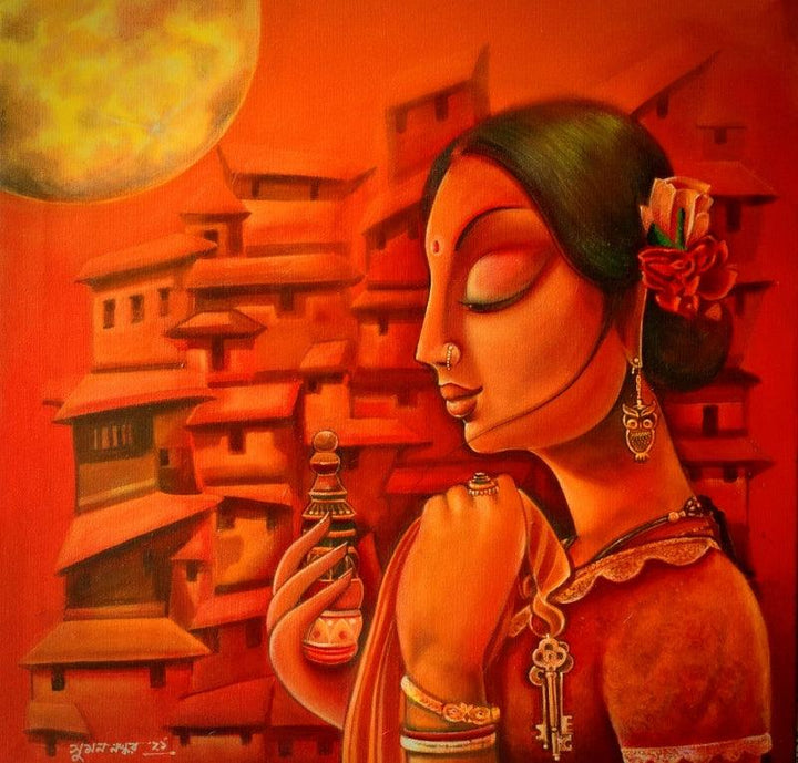 Figurative acrylic painting titled 'MADHUKARI', 24x24 inches, by artist Sumon Naskar on canvas