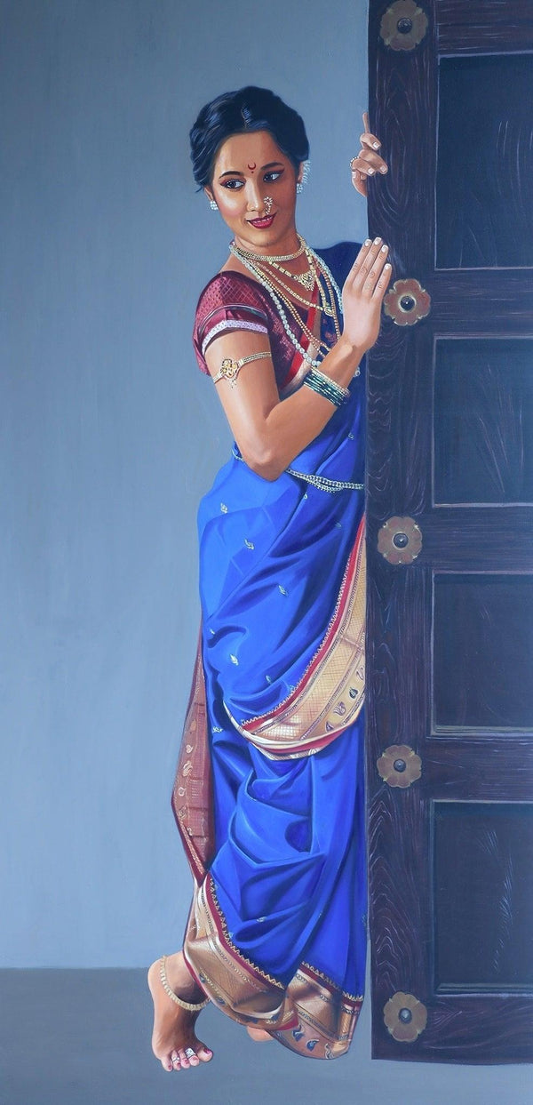 Figurative oil painting titled 'Madhurima', 72x36 inches, by artist Vinayak Takalkar on Canvas