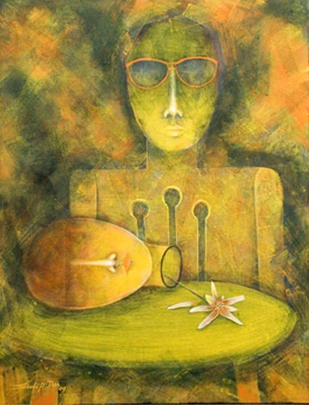 Figurative tempera painting titled 'Madhya Rater Table ea', 23x18 inches, by artist Sudip Das on Canvas