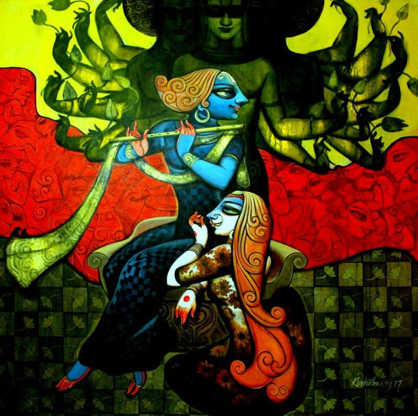 Religious acrylic painting titled 'Magic Melody 1', 72x72 inches, by artist Kishore Roy on Canvas