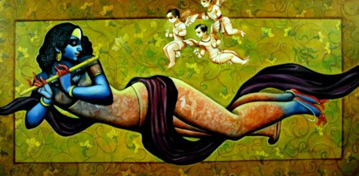 Religious acrylic painting titled 'Magic Melody 3', 36x72 inches, by artist Kishore Roy on Canvas