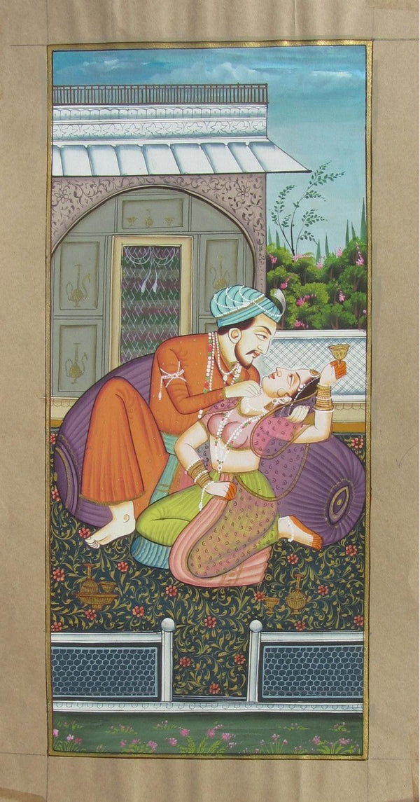 Figurative mughal traditional art titled 'Magnificient Mughal Love Scene', 14x8 inches, by artist Unknown on Paper