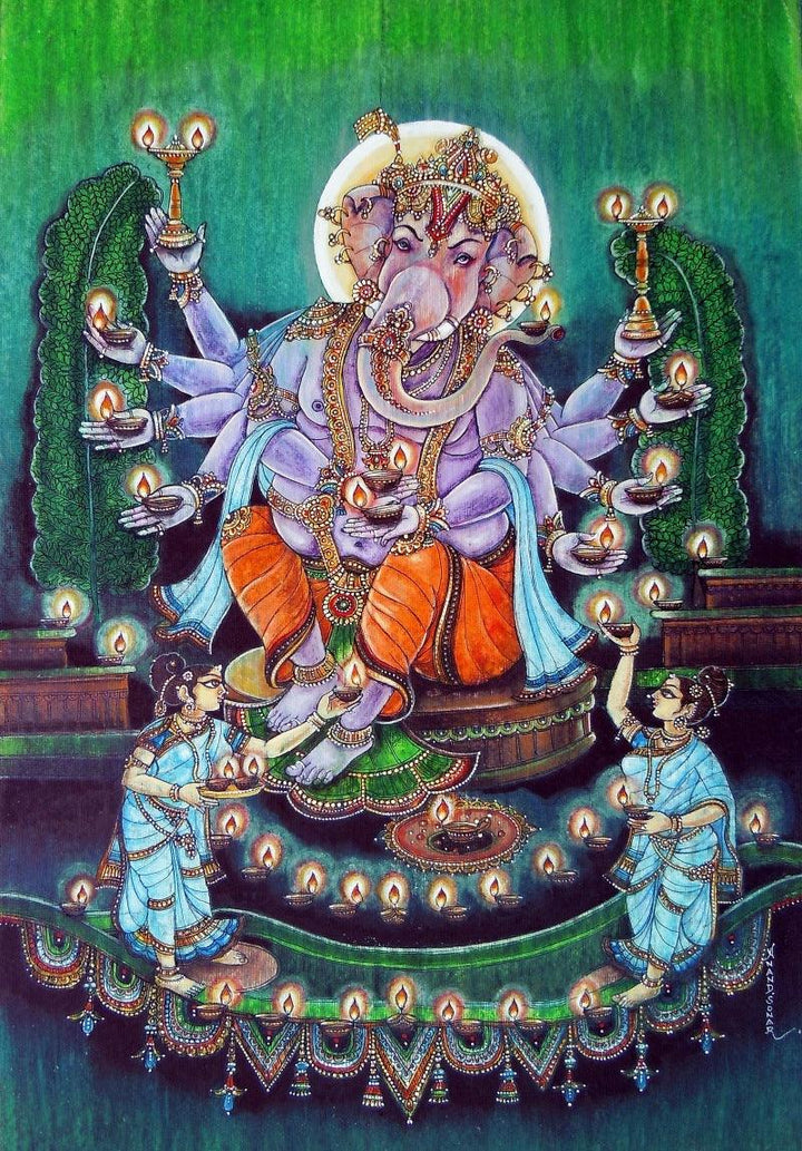 Religious mixed media painting titled 'Maha Ganpati', 24x22 inches, by artist Anand Sonar on Handmade Paper