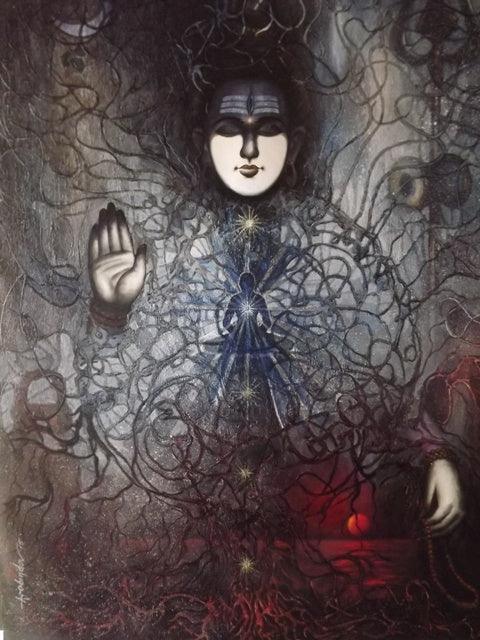 Religious acrylic painting titled 'Mahadev', 48x36 inches, by artist Arabinda Samanta on Canvas