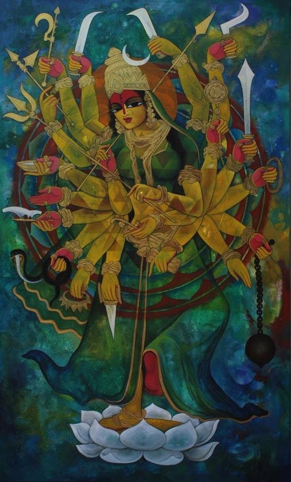 Religious acrylic painting titled 'Mahadevi', 60x36 inches, by artist N P Rajeshwarr on Canvas