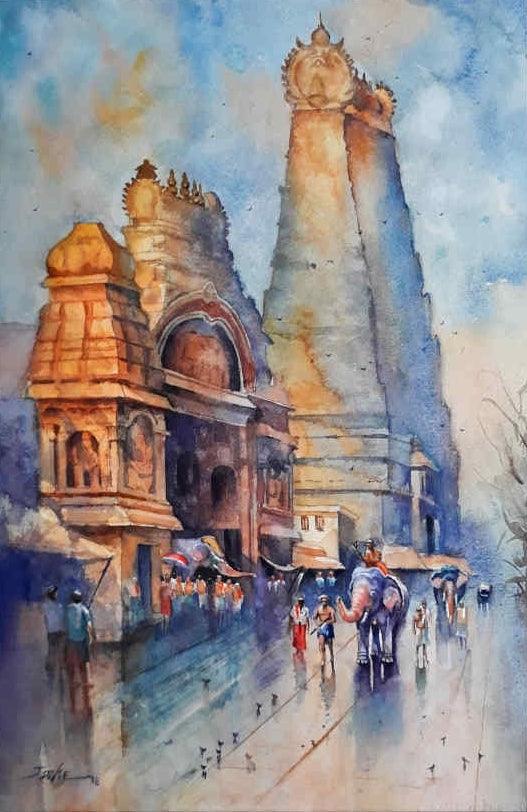 Religious watercolor painting titled 'Mahadwara', 22x15 inches, by artist Jitendra Divte on Paper