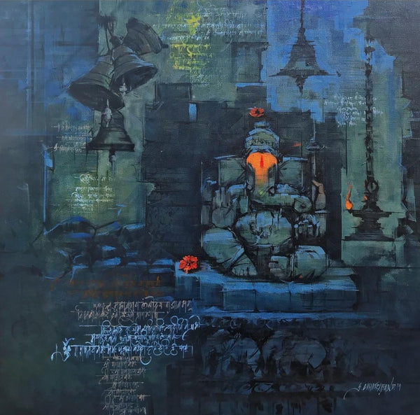 Religious acrylic painting titled 'Mahaganapati', 30x30 inch, by artist Sandeep Chhatraband on Canvas